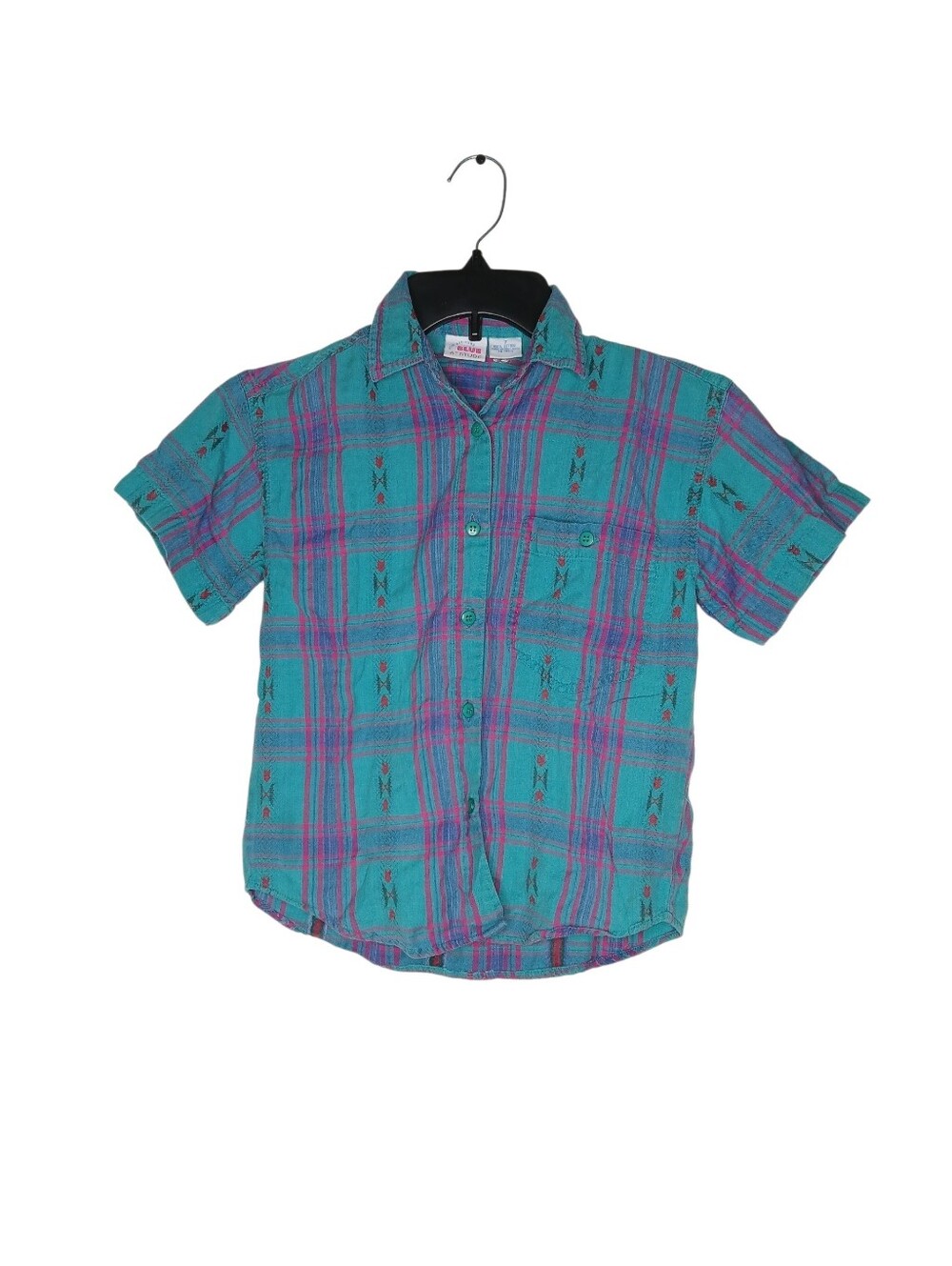 Blue Attitude Vintage Girls Turquoise & Pink Plaid Short Sleeve Button-Up Shirt